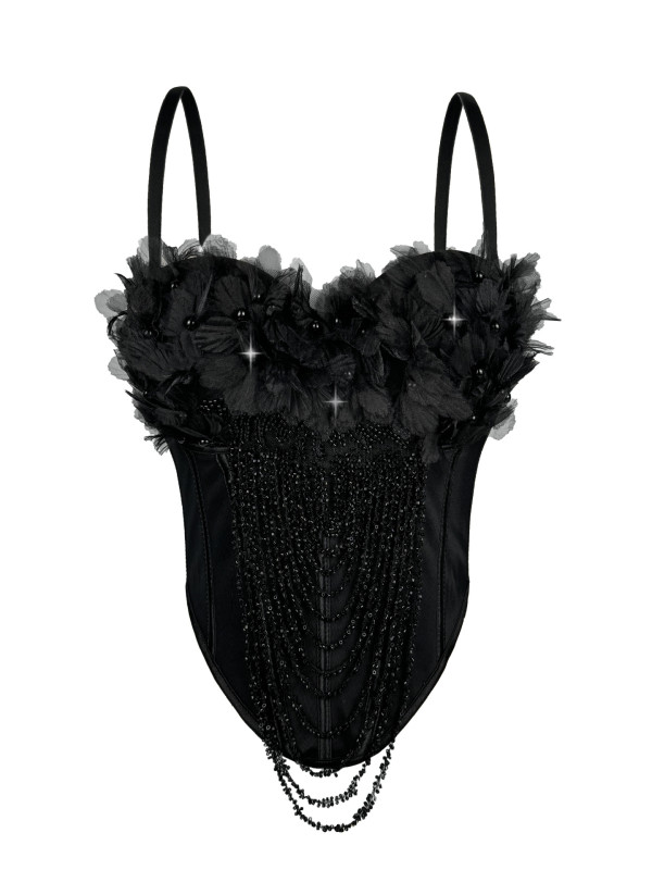 Handmade floral tassel camisole, backless strapless, and fishbone corset worn externally