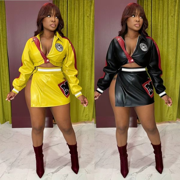 Motorcycle PU leather printed jacket jacket+split skirt set