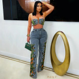 Floral high stretch denim pants