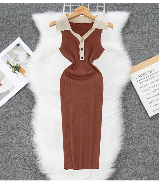 Polo collar contrasting color dress knit corset dress F882977009279