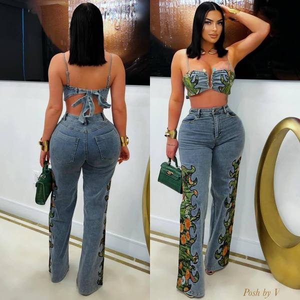 Floral high stretch denim pants