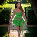Mesh camisole vest irregular slit skirt set