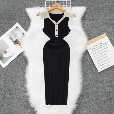 Polo collar contrasting color dress knit corset dress F882977009279