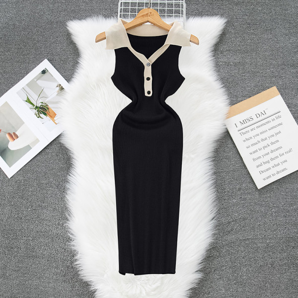 Polo collar contrasting color dress knit corset dress F882977009279