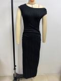 Water ripple sloping shoulder dress