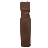 Tight pleated round neck leather dress with wrapped buttocks