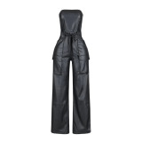 Strapless jumpsuit pants with strapless straps, 3D pocket straight leg pants