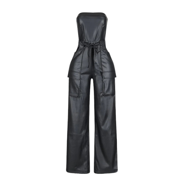 Strapless jumpsuit pants with strapless straps, 3D pocket straight leg pants