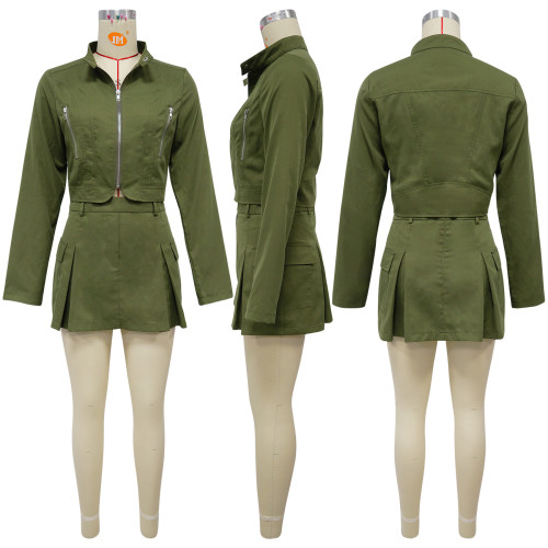 Long sleeved zipper top and short skirt two-piece set