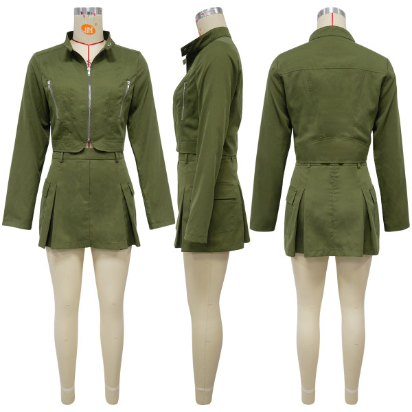 Long sleeved zipper top and short skirt two-piece set