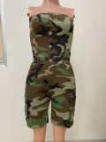 Bodysuit Openwork Buttoned Camouflage Pocketed Shorts