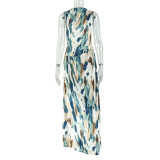 Color blocked print loose bag hip fold waist waist long dress