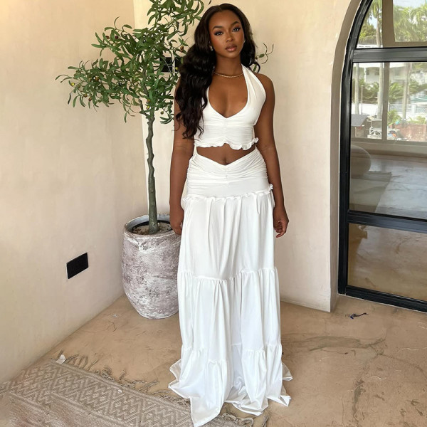 Tie rope hanging neck vest pleated half body long skirt two-piece set