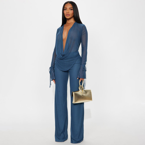 Deep V-neck black fungus edge cuff strap see through flared pants set