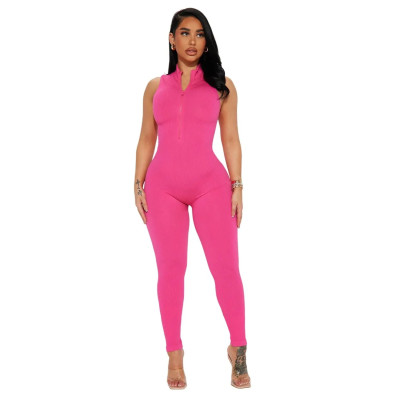 Zipper collar tight pants with groove and pleated jumpsuit