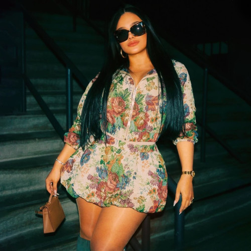 Jacquard long sleeved zipper top and short skirt set