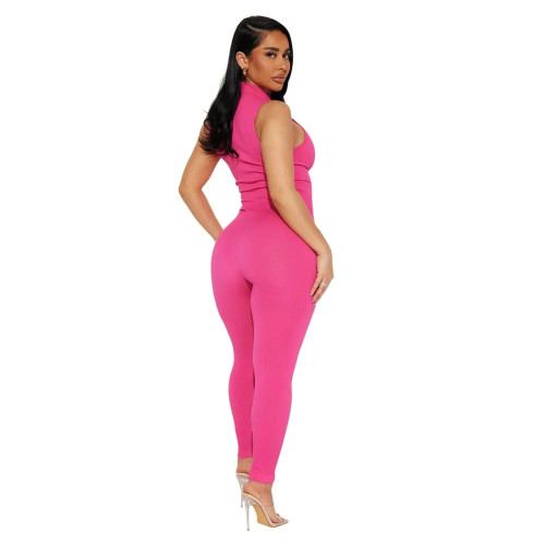 Zipper collar tight pants with groove and pleated jumpsuit