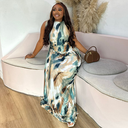 Color blocked print loose bag hip fold waist waist long dress