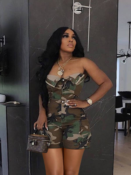 Bodysuit Openwork Buttoned Camouflage Pocketed Shorts