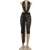 Lace neck hanging, backless, ribbon high waisted jumpsuit