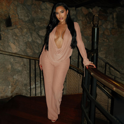 Deep V-neck black fungus edge cuff strap see through flared pants set