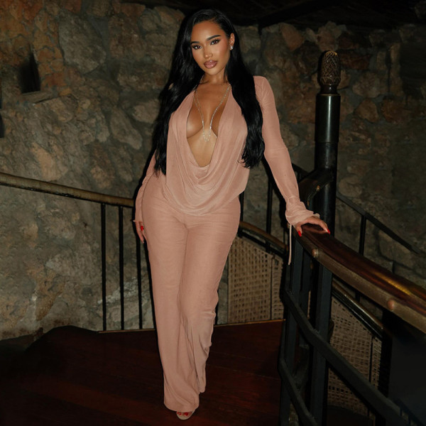 Deep V-neck black fungus edge cuff strap see through flared pants set