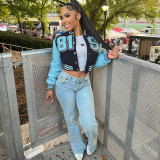 Leather patchwork long sleeved waist cinching printed jacket