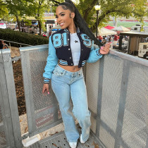 Leather patchwork long sleeved waist cinching printed jacket