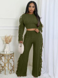 Solid color knitted long sleeved tassel set