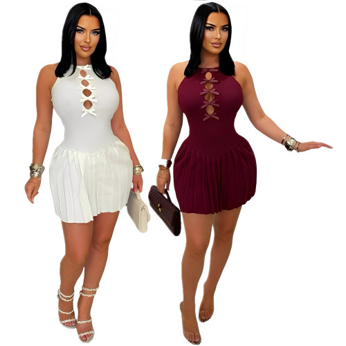 Concave strip splicing pleated hip hugging dress