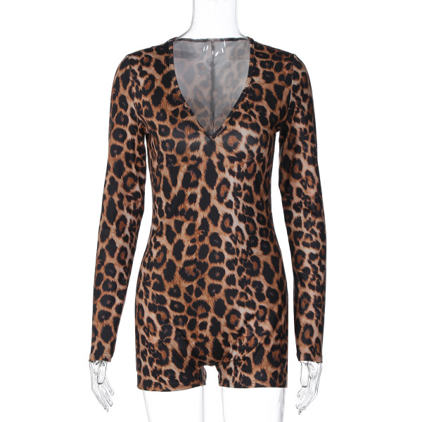 Leopard print V-neck long sleeved tight jumpsuit