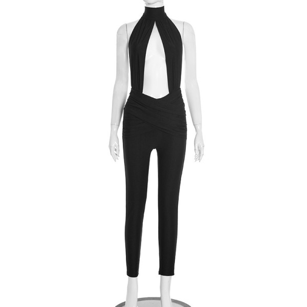 Button hanging neck hollow out backless high waisted jumpsuit