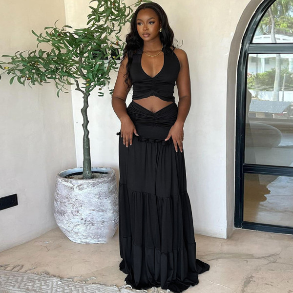Tie rope hanging neck vest pleated half body long skirt two-piece set