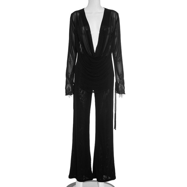 Deep V-neck black fungus edge cuff strap see through flared pants set