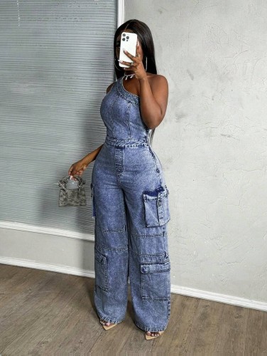 Diagonal shoulder tight waist elastic denim jumpsuit wide leg pants