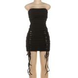 Strapless backless solid color cross tie short skirt two-piece set