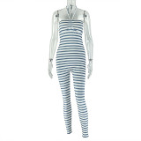Striped printed neck wrapped chest jumpsuit, backless sports long jumpsuit