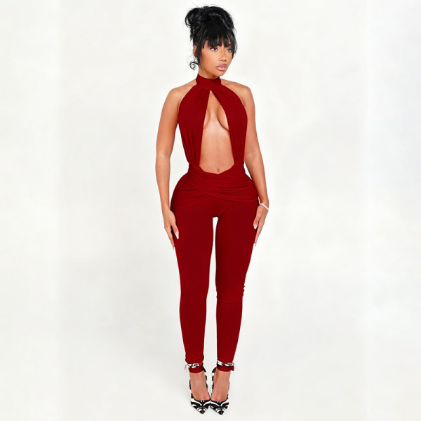 Button hanging neck hollow out backless high waisted jumpsuit