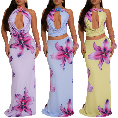 Swing collar backless hanging neck slim fit printed skirt set