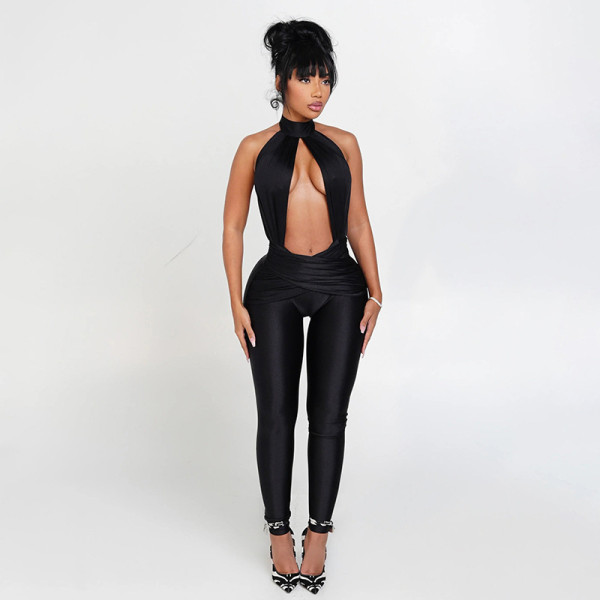 Button hanging neck hollow out backless high waisted jumpsuit