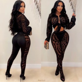 Printed mesh see through shirt and pants set