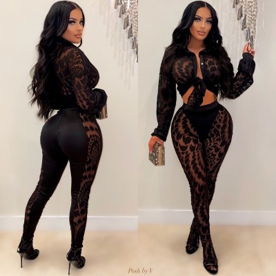 Printed mesh see through shirt and pants set