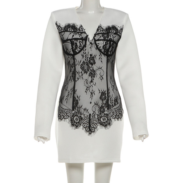 V-neck lace contrasting patchwork hip hugging short skirt dress