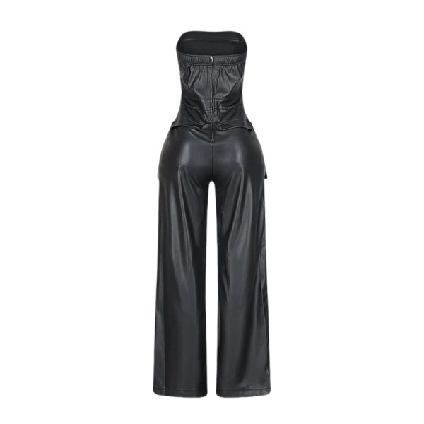 Strapless jumpsuit pants with strapless straps, 3D pocket straight leg pants