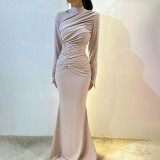 High waisted pleated long sleeved dress, floor length dress