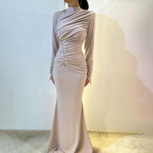 High waisted pleated long sleeved dress, floor length dress