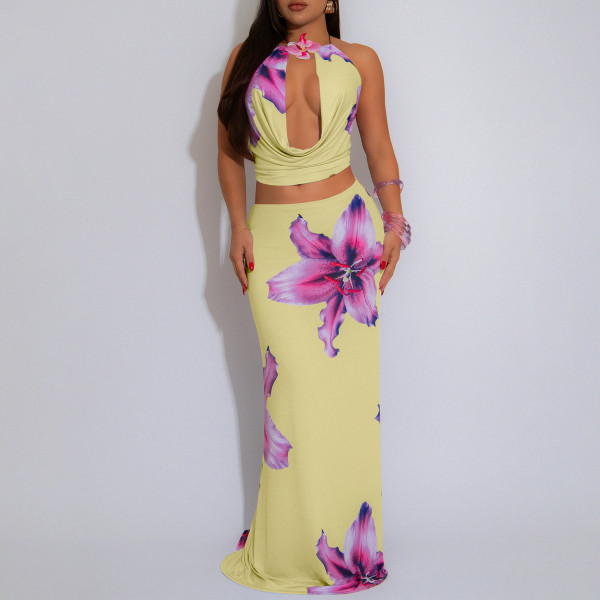 Swing collar backless hanging neck slim fit printed skirt set