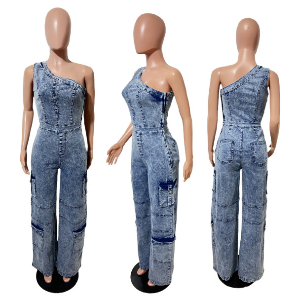 Diagonal shoulder tight waist elastic denim jumpsuit wide leg pants
