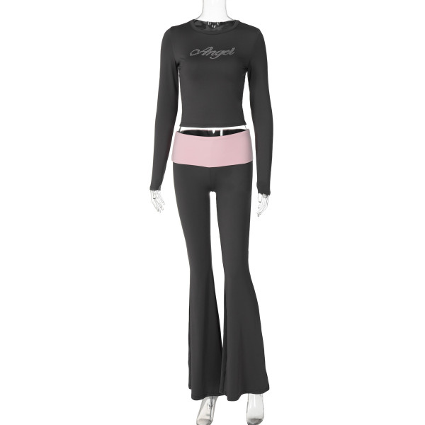 Diamond contrasting round neck long sleeved flared pants two-piece set