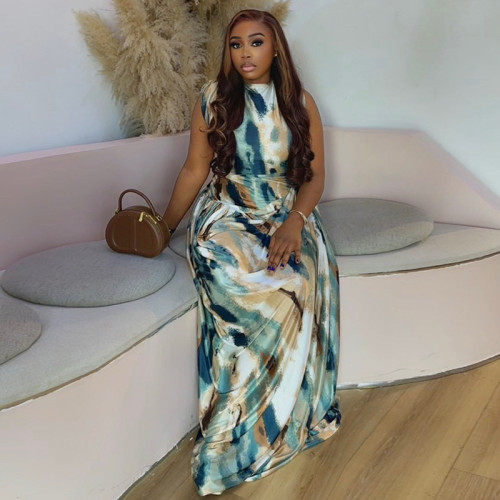 Color blocked print loose bag hip fold waist waist long dress